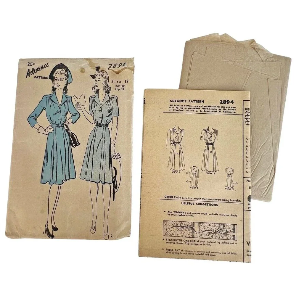 40s Advance Sewing Pattern 2894 Shirtwaist Dress Size 12 Bust 30